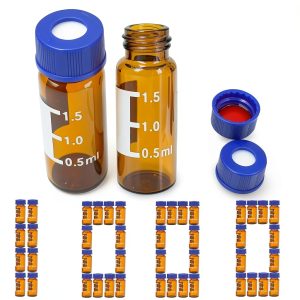 2ml Autosampler Vial HPLC Vials 1000 Pcs Lab Amber Vials Brown Glass Vial with Blue Screw Caps Writing Patch Red PTFE & White Silicone Septa fit for LC Stamper-0