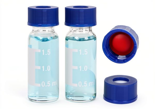30Pcs 2ML Autosampler Vials, HPLC Vial, 9-425 Glass Vial, Screw Caps, Writing Patch, Graduation, Red PTFE and White Silicone Septa. (Clear)-0