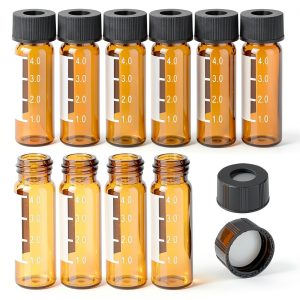 ESHATO 4ML Autosampler Vial, 100 Pack HPLC/GC Vials 9-425 Lab Amber Vials Sample Vial Screw Cap Writing Patch White PTFE and Silicone Septa for LC Stamper-0